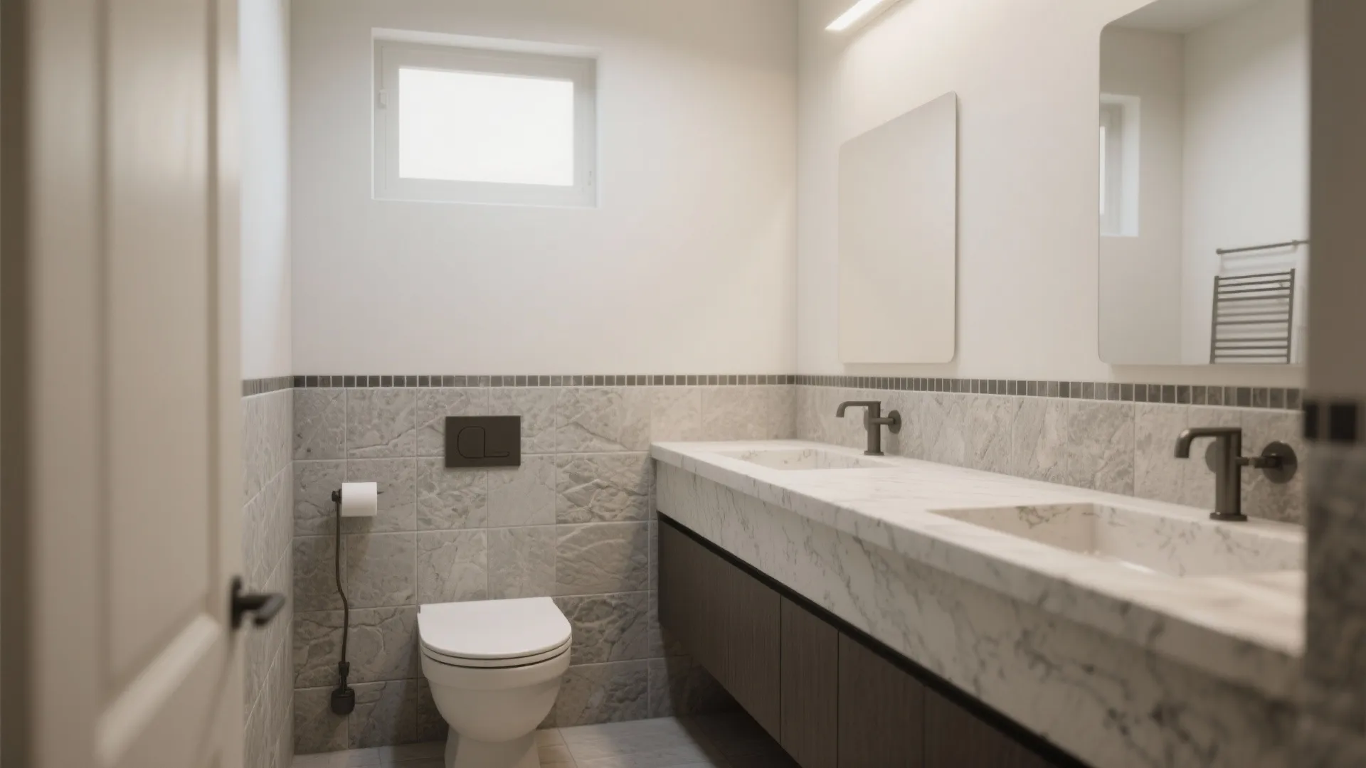 Small bathroom painted soft off-white with gray undertones, textured tiles and stone counter