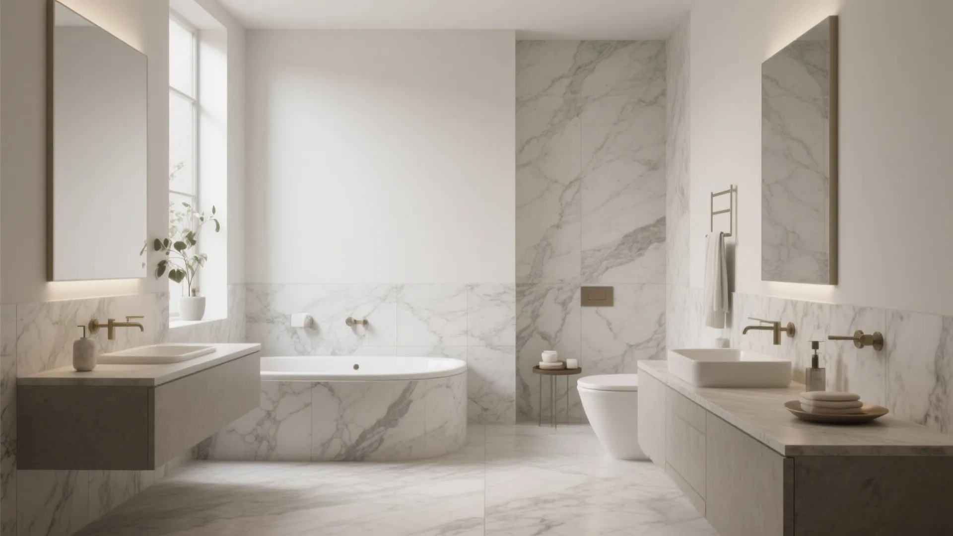 Timeless bathroom with off-white walls with gray undertone, marble-look tiles and soft daylight