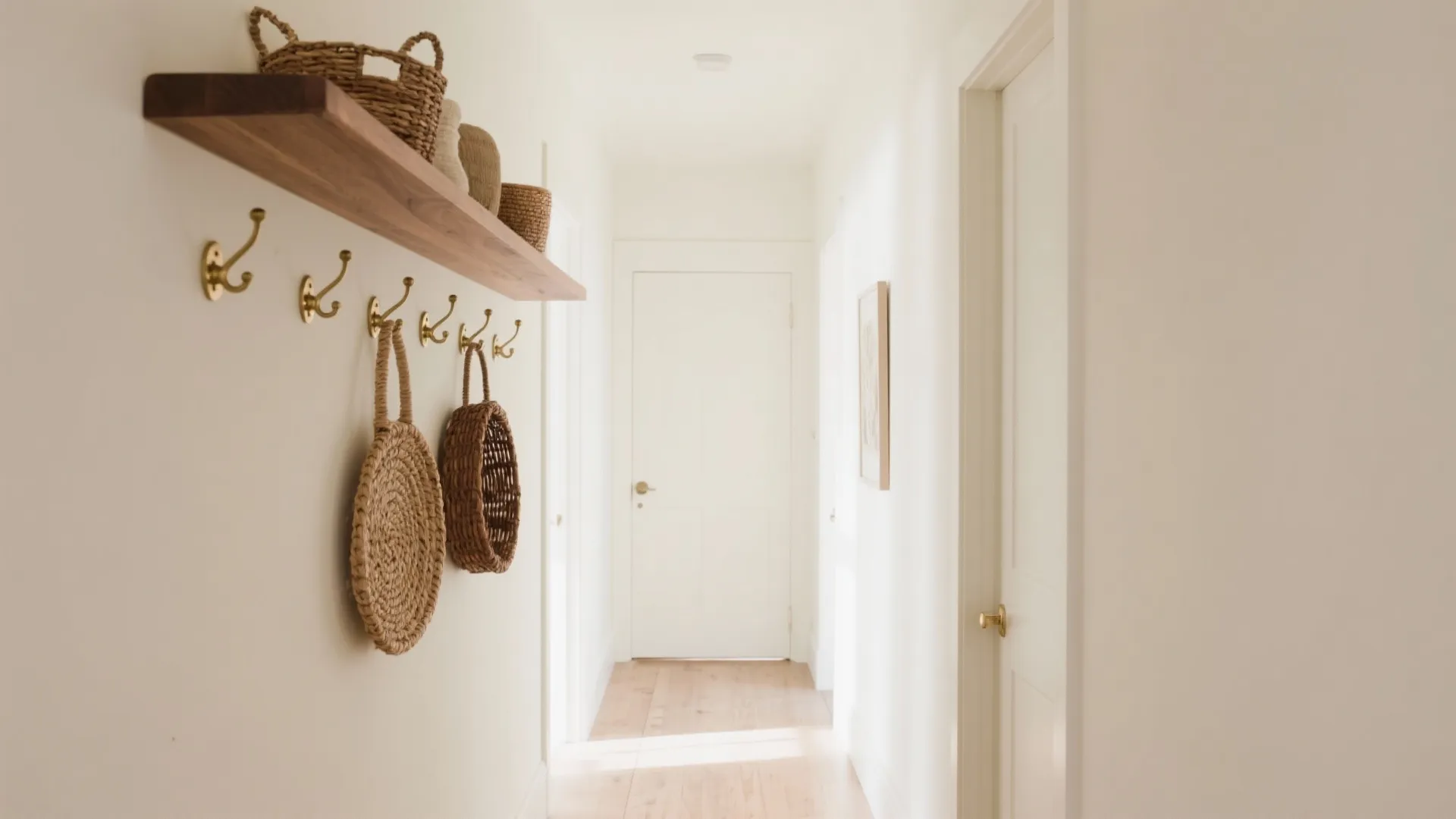 Bright white hallway featuring wooden shelf with baskets, gold wall hooks, round bags, and floor