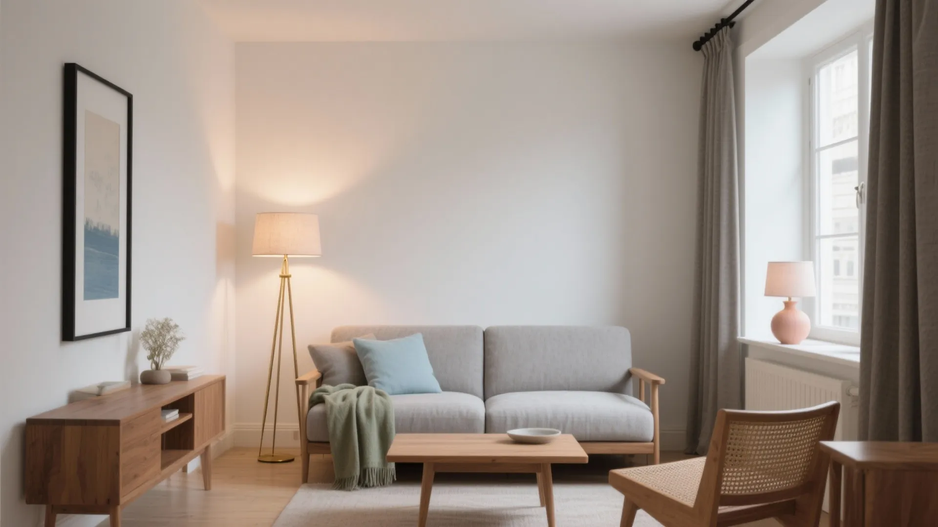 Minimalist living room with grey sofa wooden coffee table floor light fixture and grey window curtain