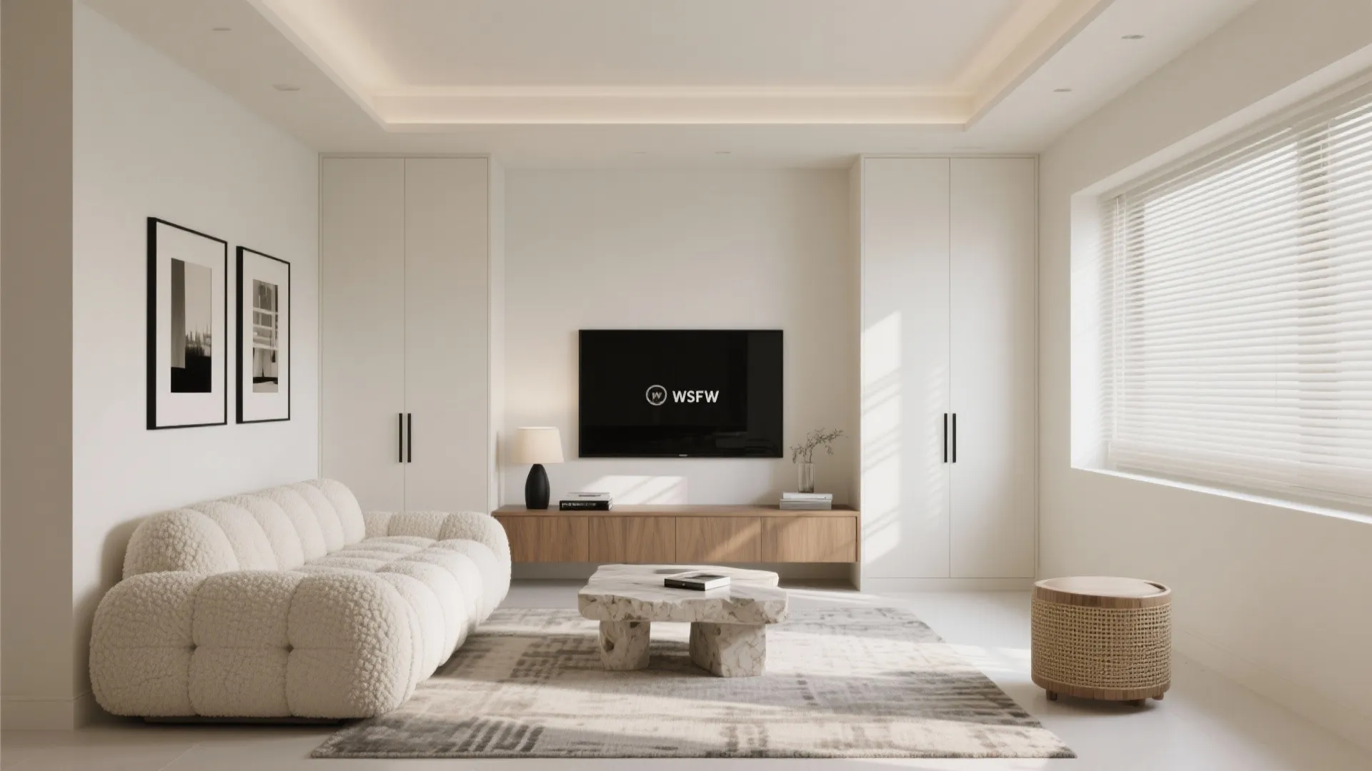 Modern white living room with cream sofa stone coffee table wooden cabinet and large windows