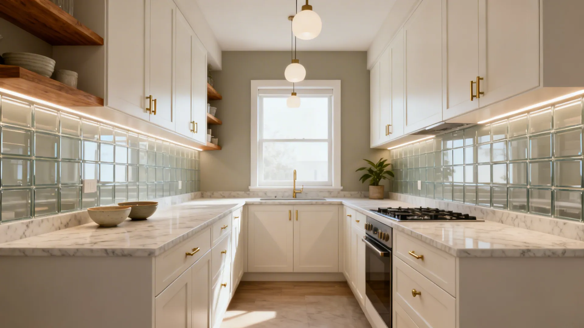 Bright kitchen with white cabinets marble countertop glass tile backsplash wood floor and hanging ceiling lights
