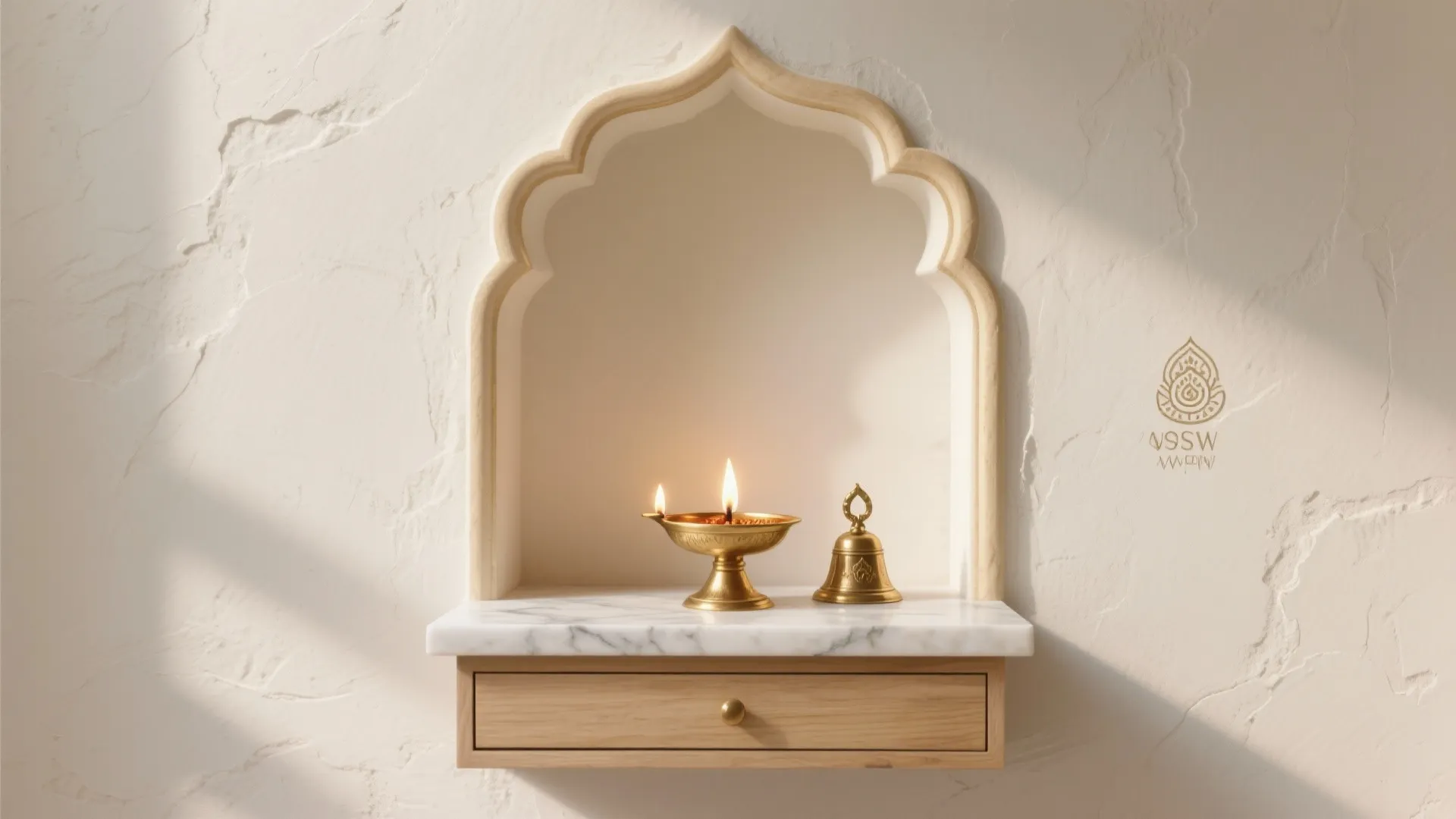 Minimalist wall niche with golden oil lamp and bell on marble shelf with wooden drawer