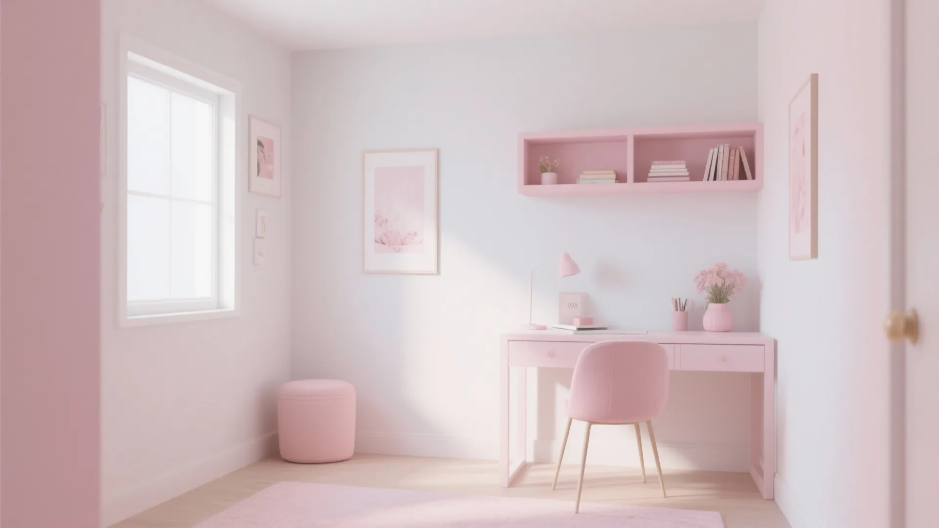 Cute pink workspace with matching desk, chair, wall shelf, small footrest, and light wooden floor
