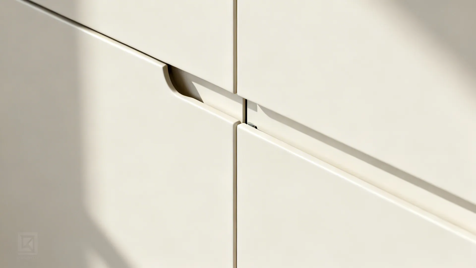Close up of cream cabinet doors with integrated handles showing clean minimalist interior design furniture details