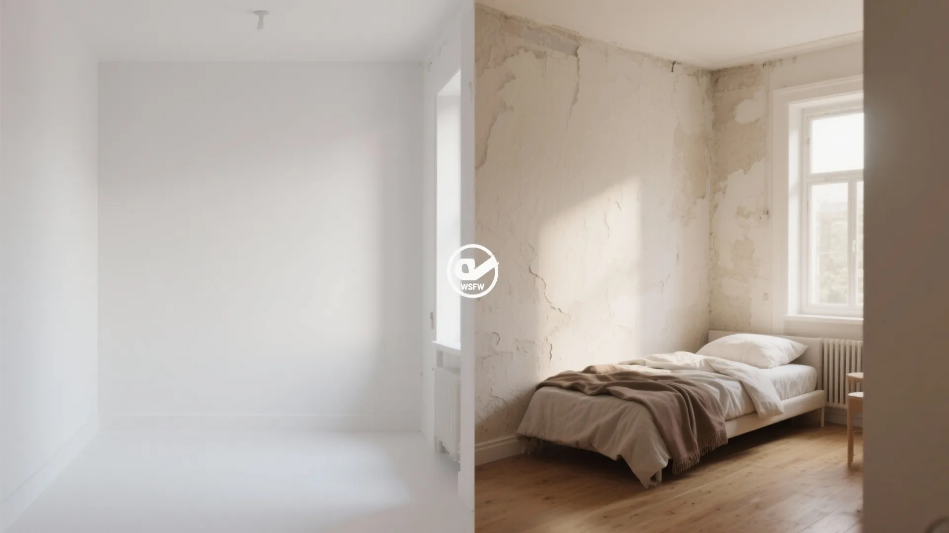 Before-and-after of a small studio showing stark white versus warm off-white with preserved plaster texture.
