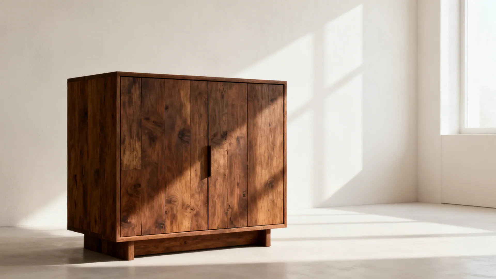 Dark wood cabinet in a white room with sunlight shadows on the wall and floor