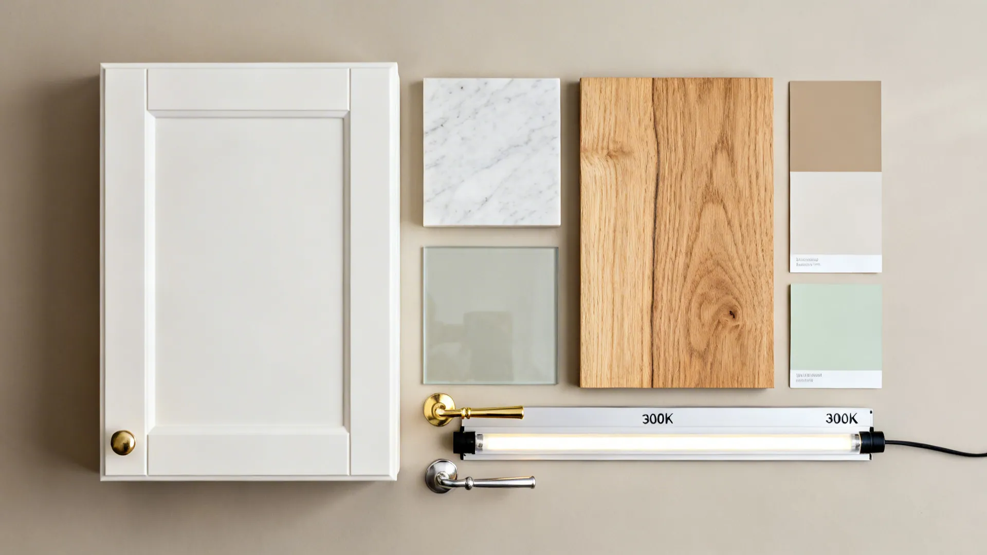 Flat lay of interior design materials including white cabinet door marble wood light fixture and paint