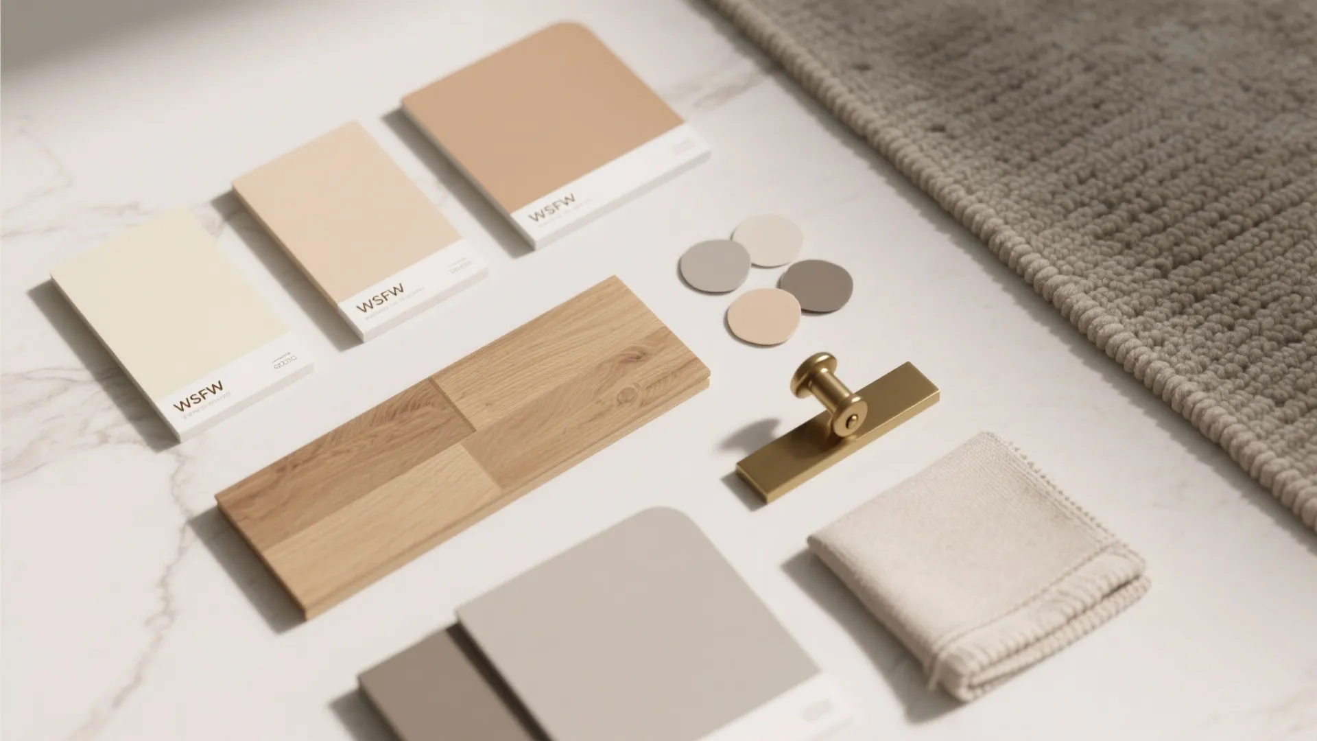 Top-down flatlay of warm off-white paint swatches, wood and brass samples for coordinating room and kitchen flow.