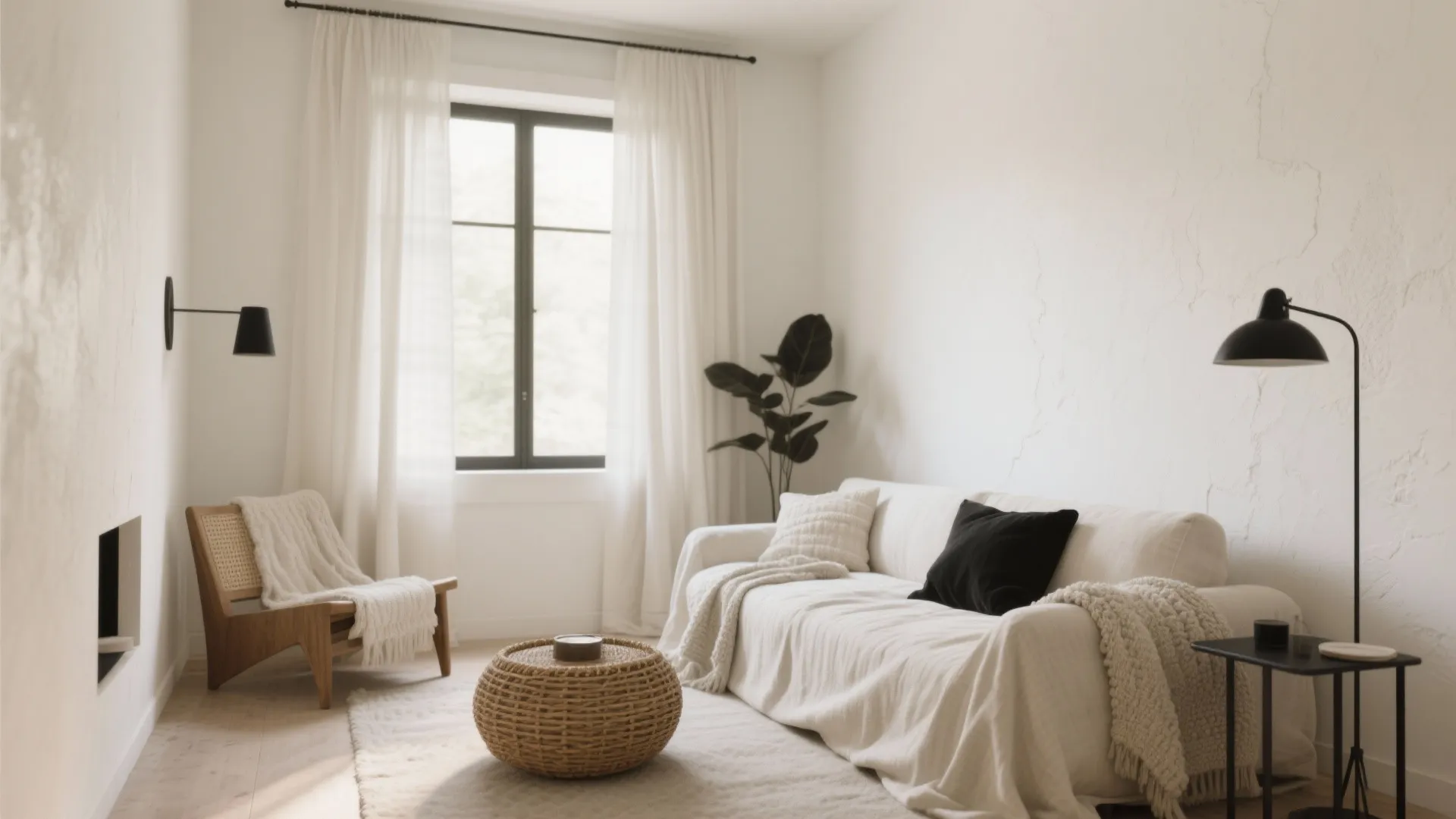 Bright white living room featuring white sofa wooden chair round footrest black wall light and window