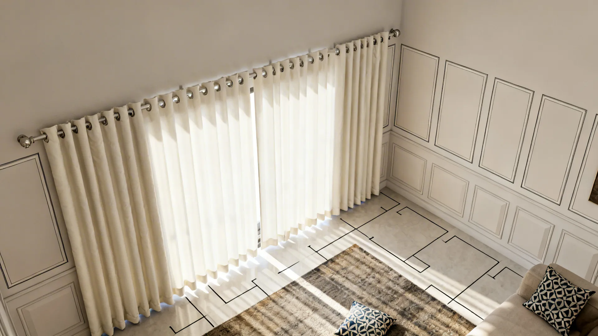 Top-down view of a room with off-white thermal curtains drawn, showing layout and insulation function