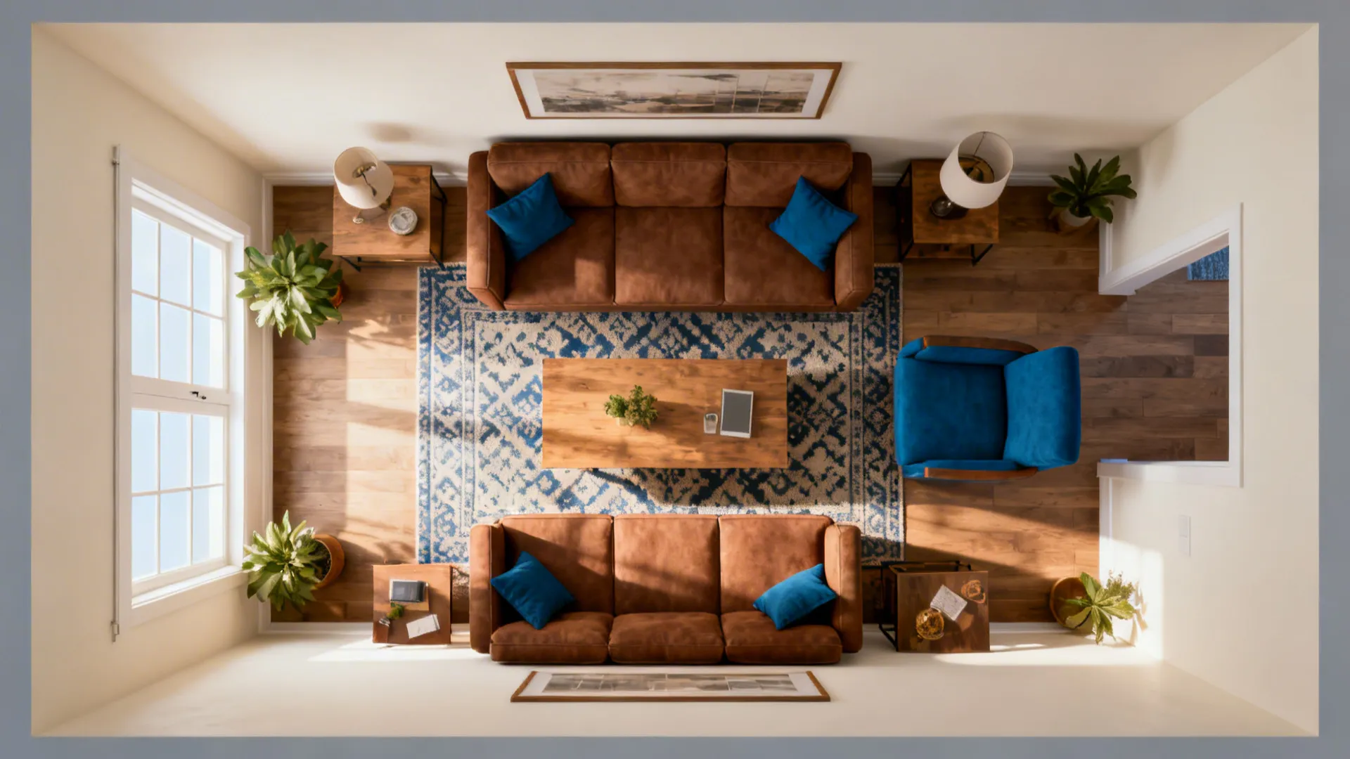 Top-down planner view of living room with off-white walls, brown furniture and cobalt accents