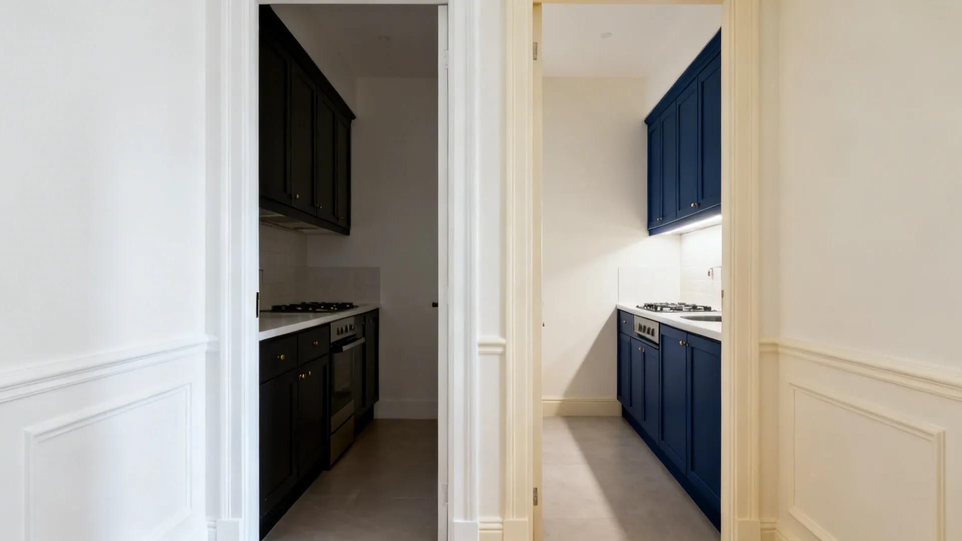 Split view comparing stark trim versus tone-matched creamy walls with dark cabinets.