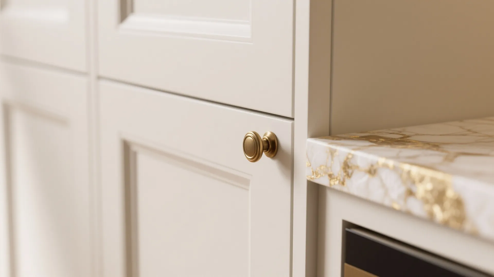 1. Warm whites + veined quartz for a cozy classic