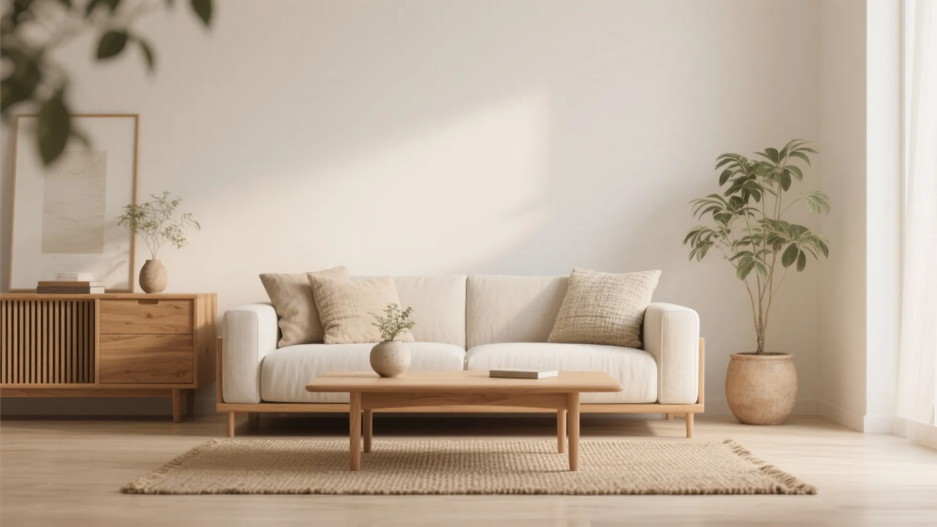 Minimalist living room with white sofa wooden coffee table large plant and natural warm sunlight