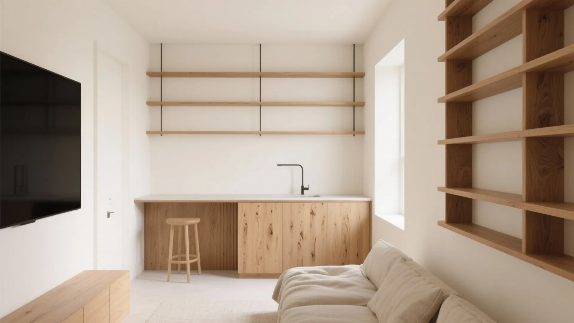 Modern small apartment layout featuring wooden kitchen cabinets plus wall shelves and a comfortable sofa