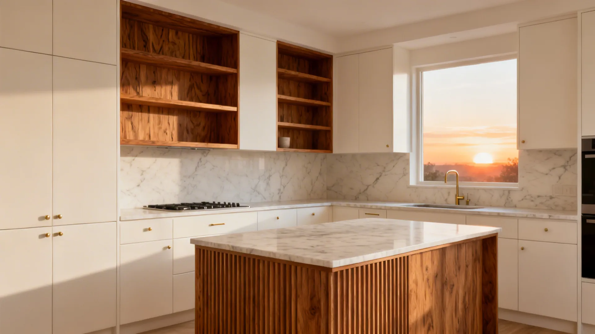 Modern kitchen with white cabinets wood island marble countertop open wooden shelves and beautiful sunset