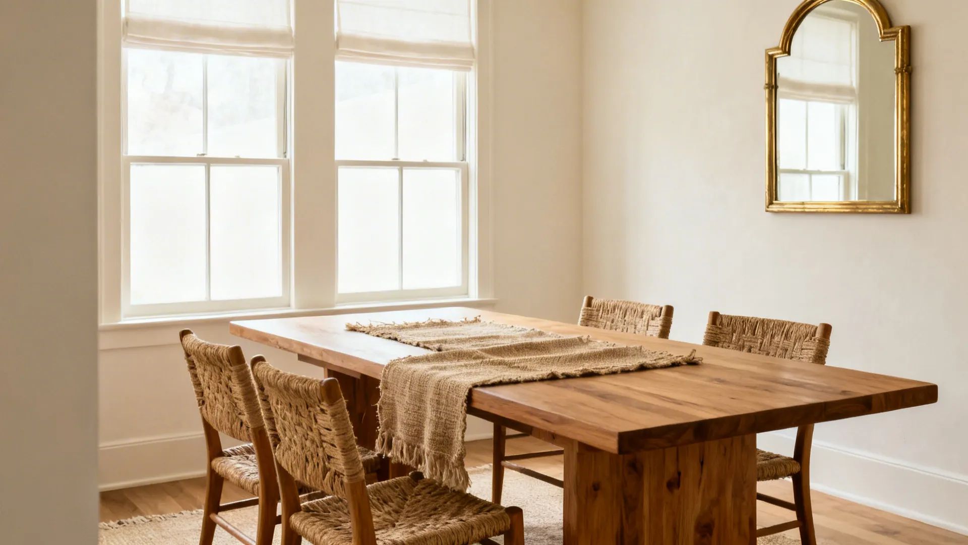 Off-white dining room with oak table, woven chairs, jute runner, and brass mirror in daylight.
