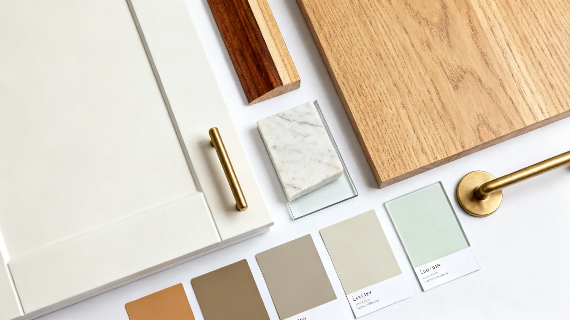Interior design material board with white cabinet door gold handle wood samples marble and swatches