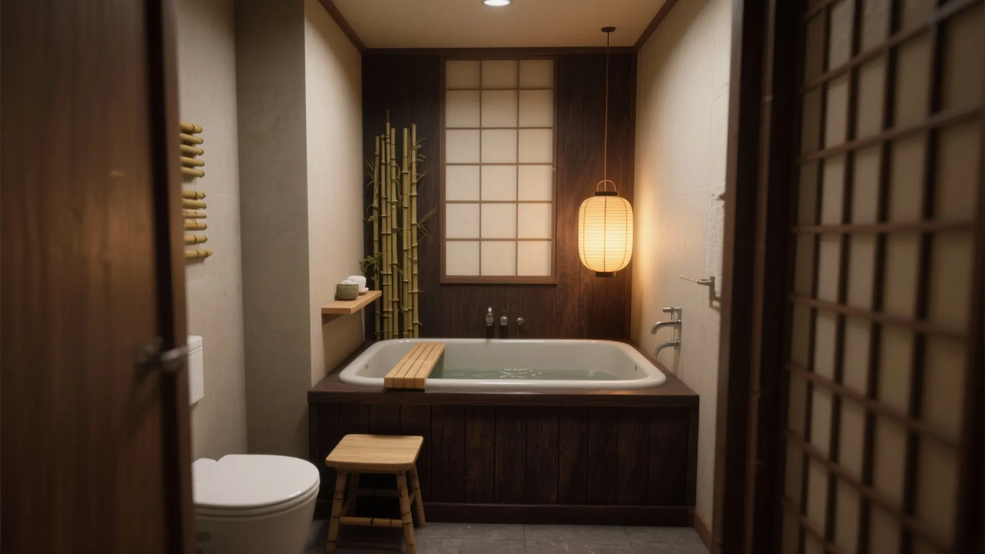 Japanese style bathroom with wooden bathtub bamboo decor paper lantern light fixture toilet and wooden stool