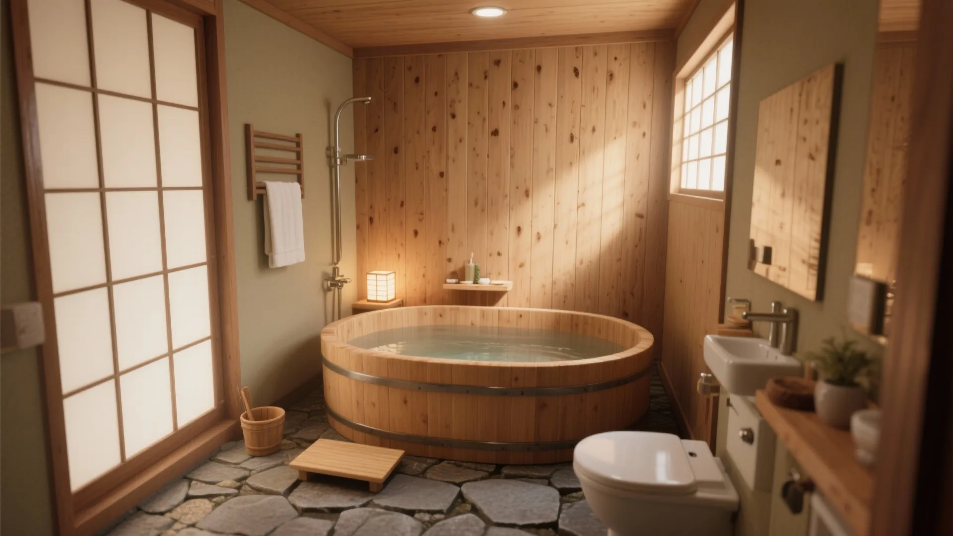 Compact bathroom with a deep Japanese ofuro soaking tub