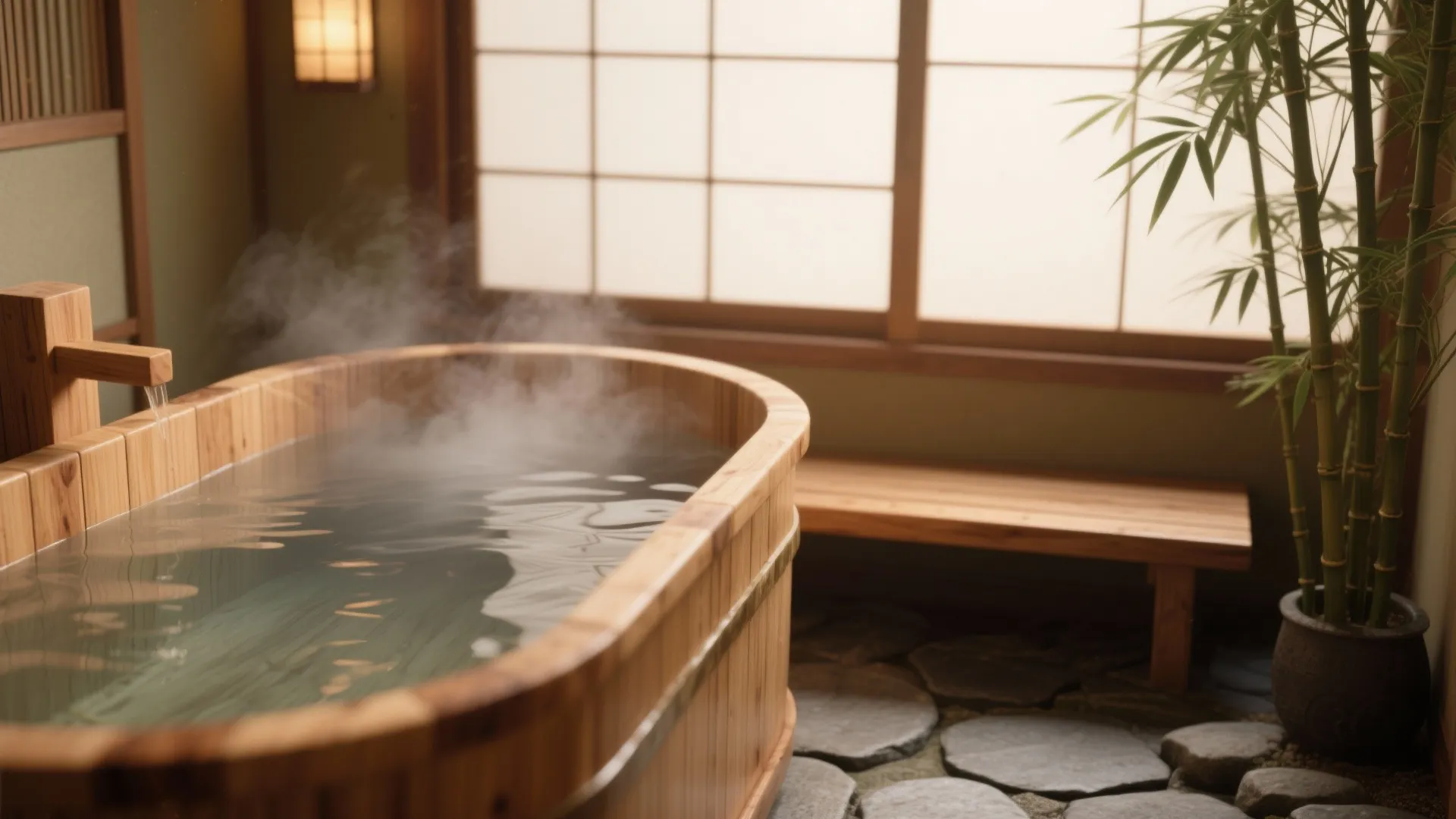 Traditional wooden bathtub with steaming water next to bamboo plant and wooden bench in bathroom