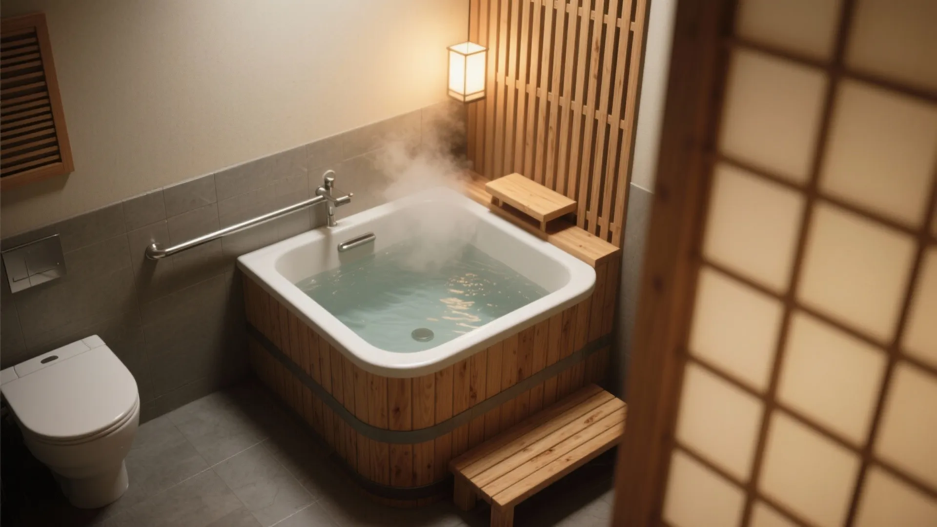 Compact Japanese ofuro deep tub with wooden finish and small step, showcasing vertical immersion in a tight space.