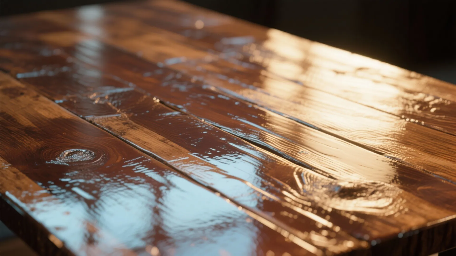 Polished dark wood table surface reflecting bright natural light with visible wood grain and texture