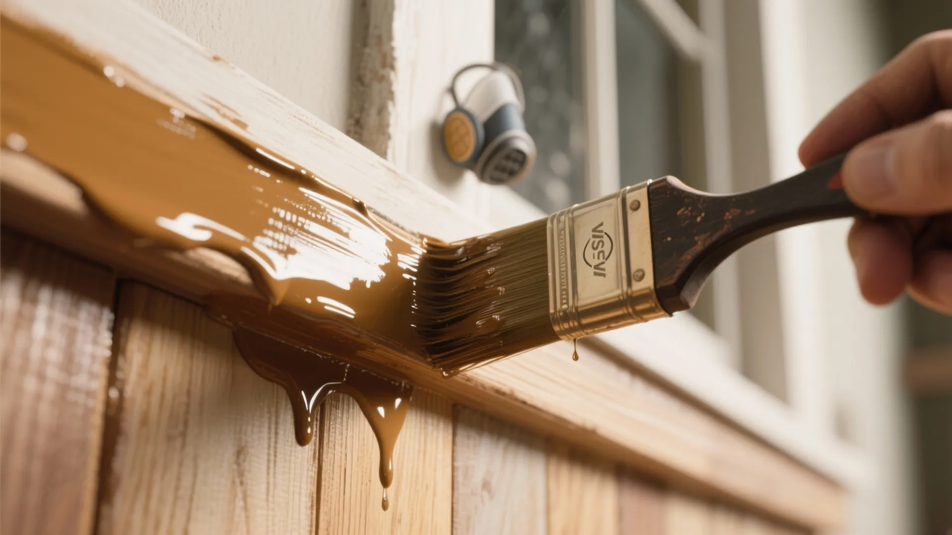 Macro view of a brush laying down a glossy oil-based coat on wooden trim with subtle reflections.