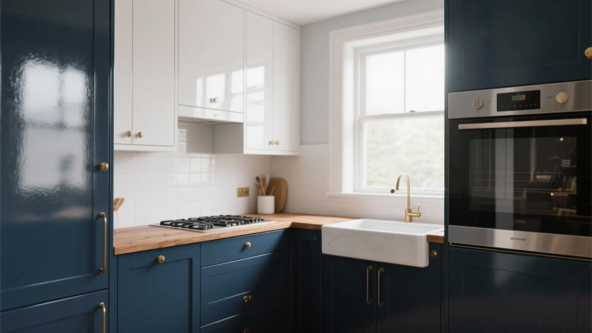 Modern blue kitchen cabinets with white wall units wood countertop white sink and built in oven