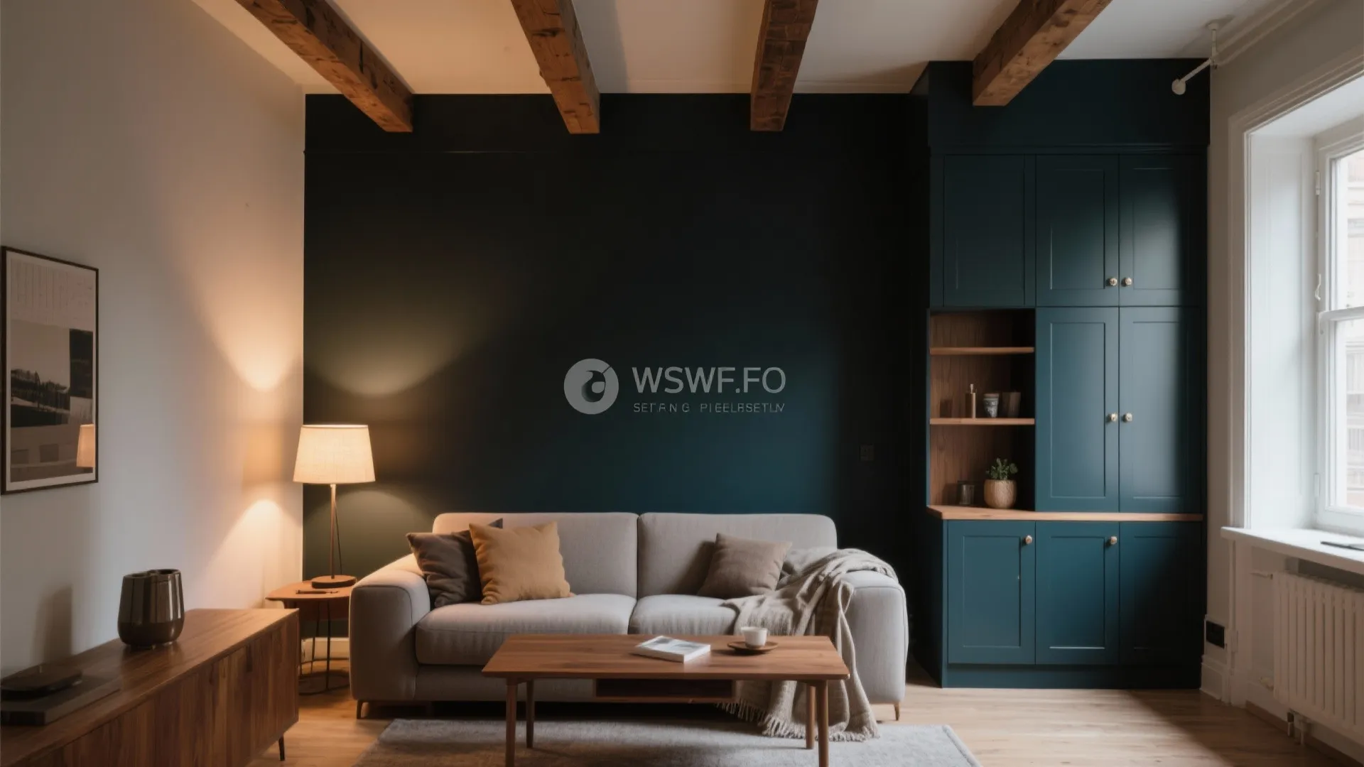 Modern living room with dark green wall cream sofa wooden coffee table and blue cabinet