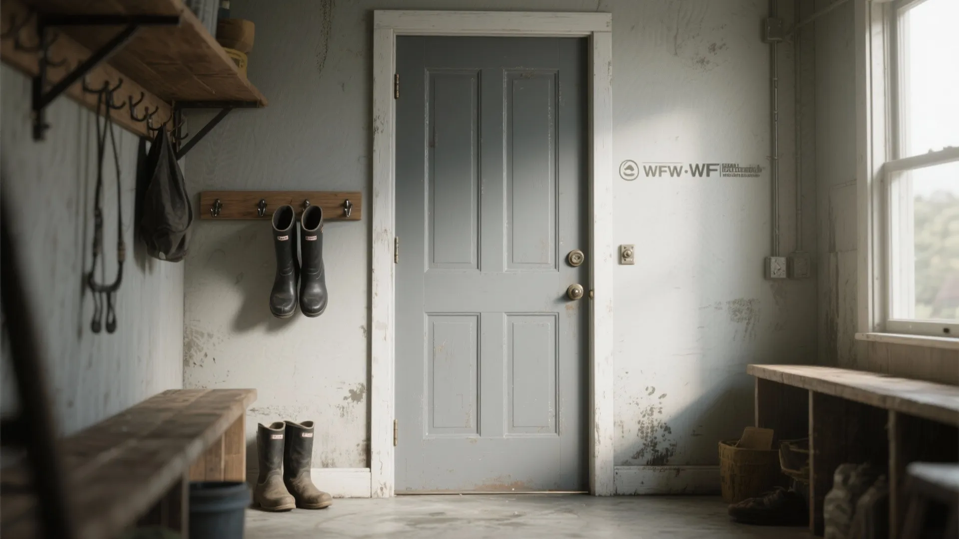 Rustic mudroom featuring a grey wooden door plus rubber boots and wooden bench with natural sunlight