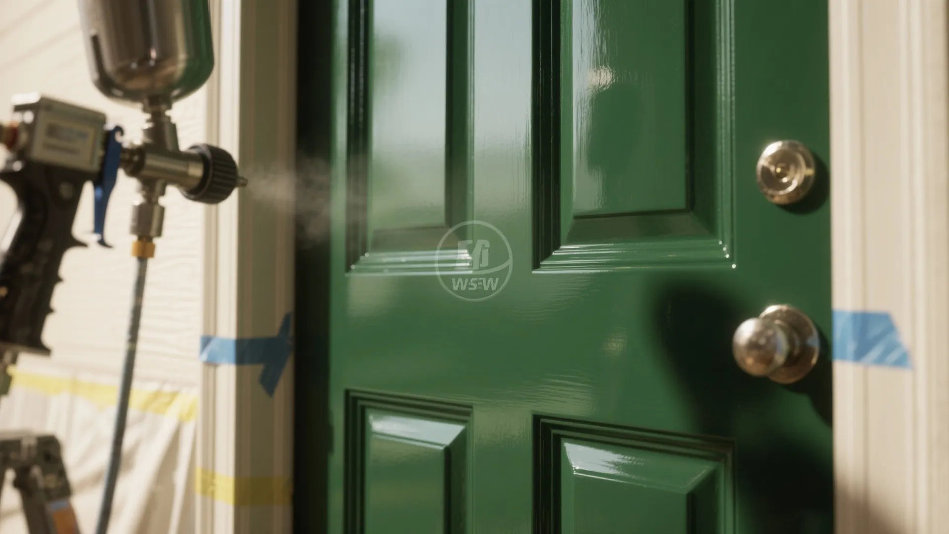 A green wooden door being painted with a spray gun in a bright sunny room