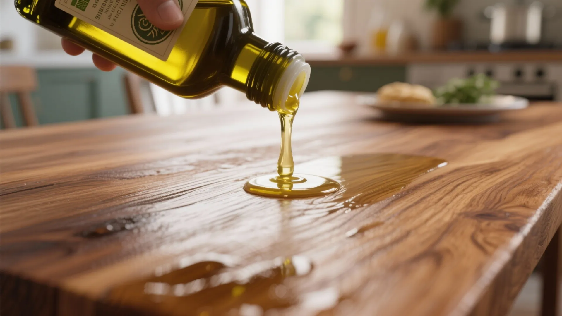 Person pouring golden wood oil from a bottle onto a brown wooden table in a kitchen