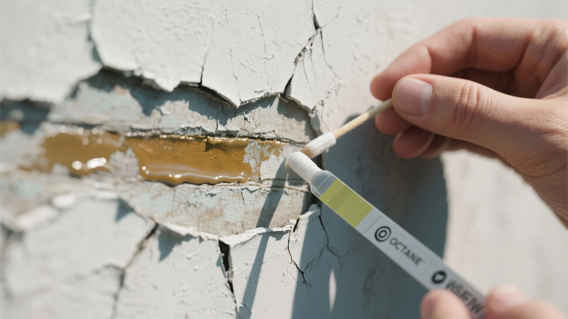 Close up of person using cotton swab to test peeling paint on old damaged white wall