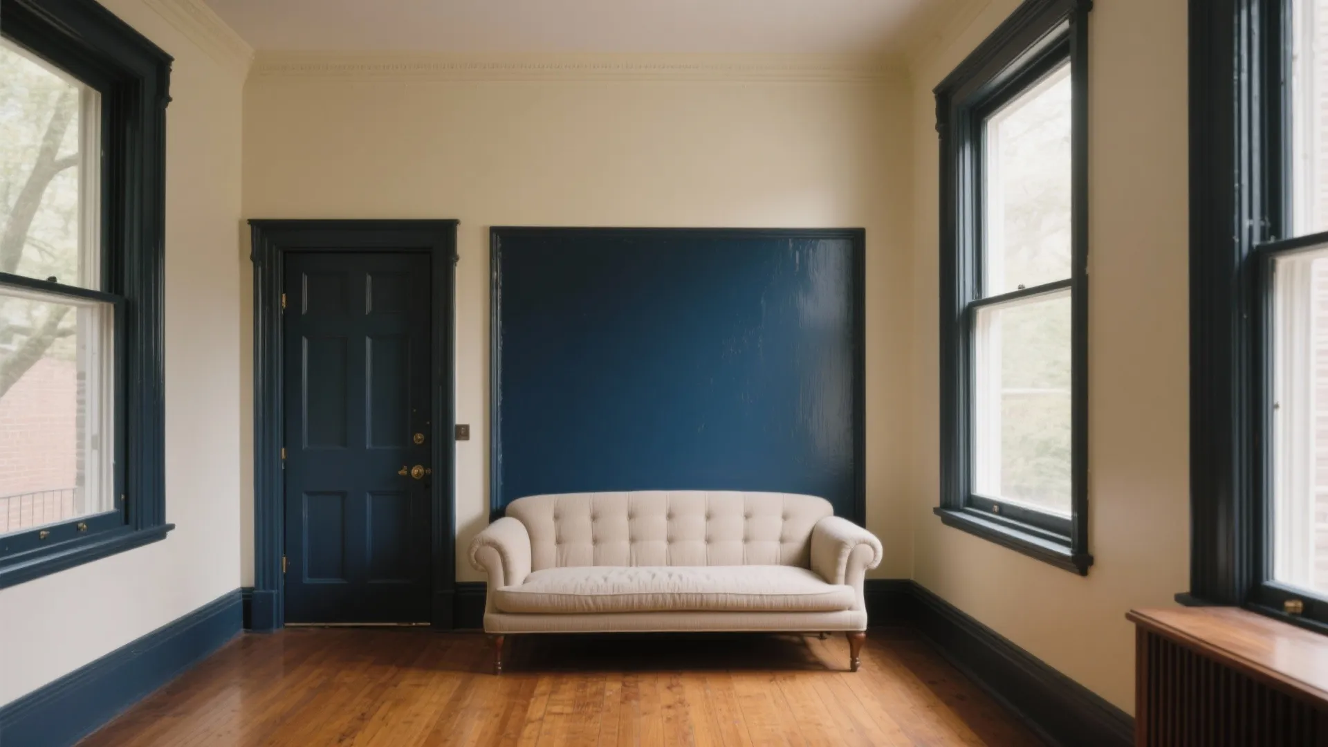 Classic living room with beige sofa dark blue door and blue accent wall panel design