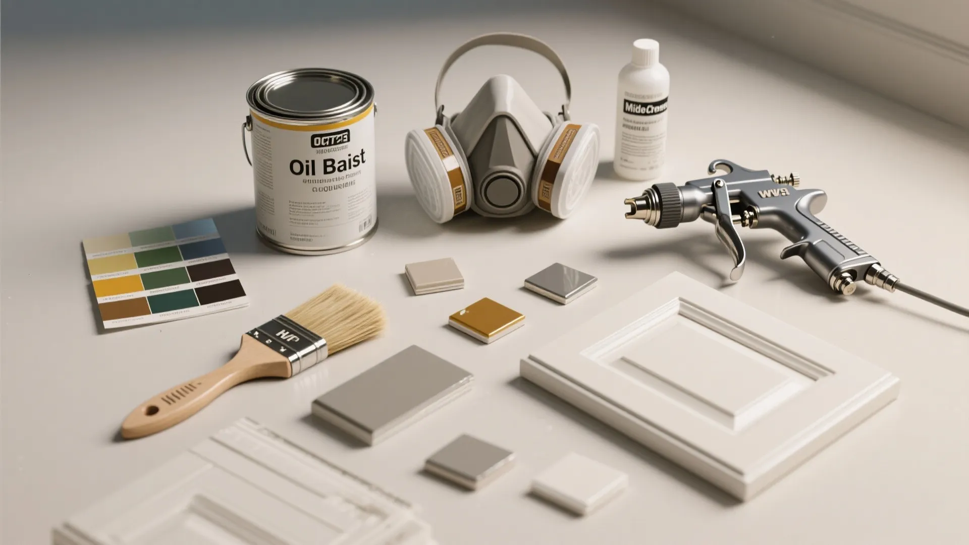 Cabinet painting tools including oil paint can face mask spray gun brush and color sample tiles