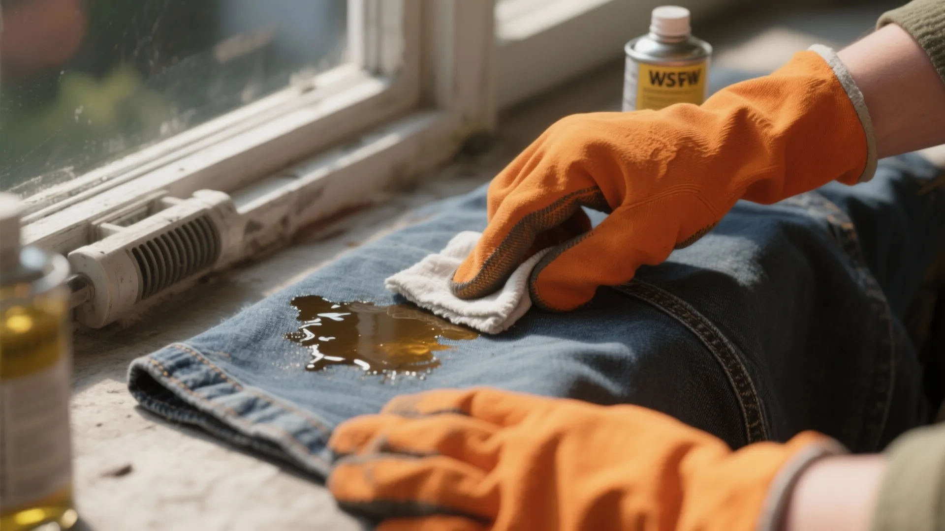 Person wearing orange gloves cleaning oil stain on blue jeans using white cloth and liquid solvent
