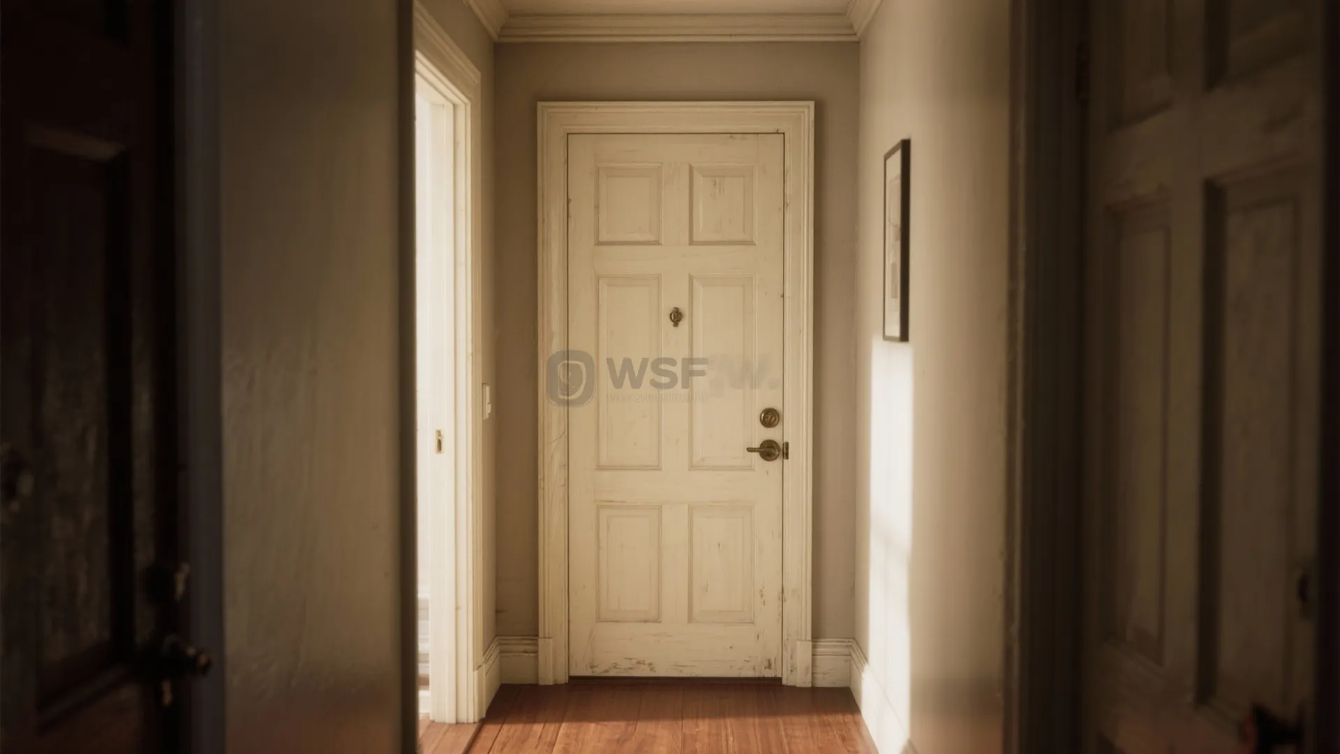 Closed white wooden door at end of hallway with wood floor and soft natural light