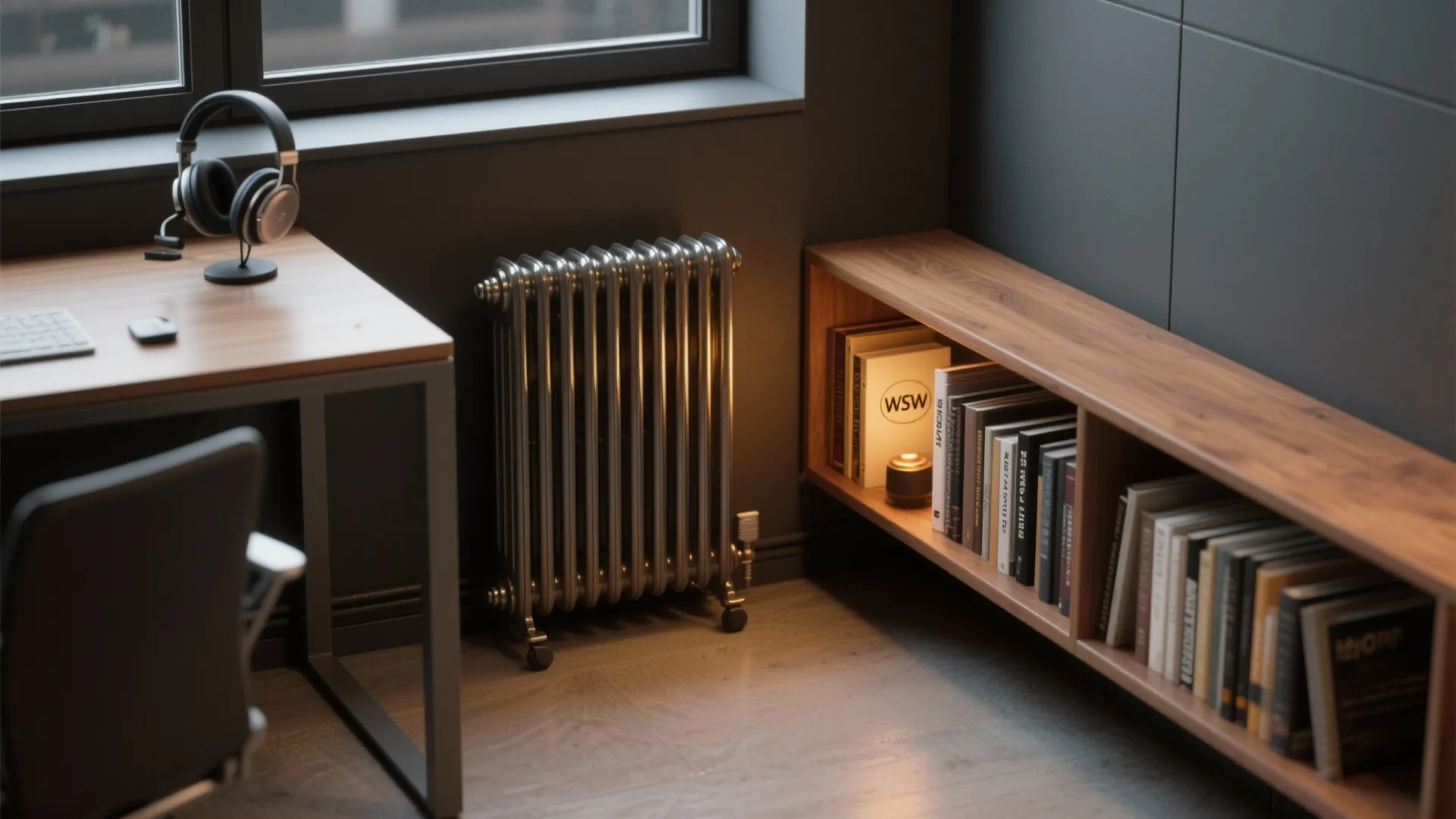 Classic silver metal heater in dark home office beside wooden bookshelf desk and black chair