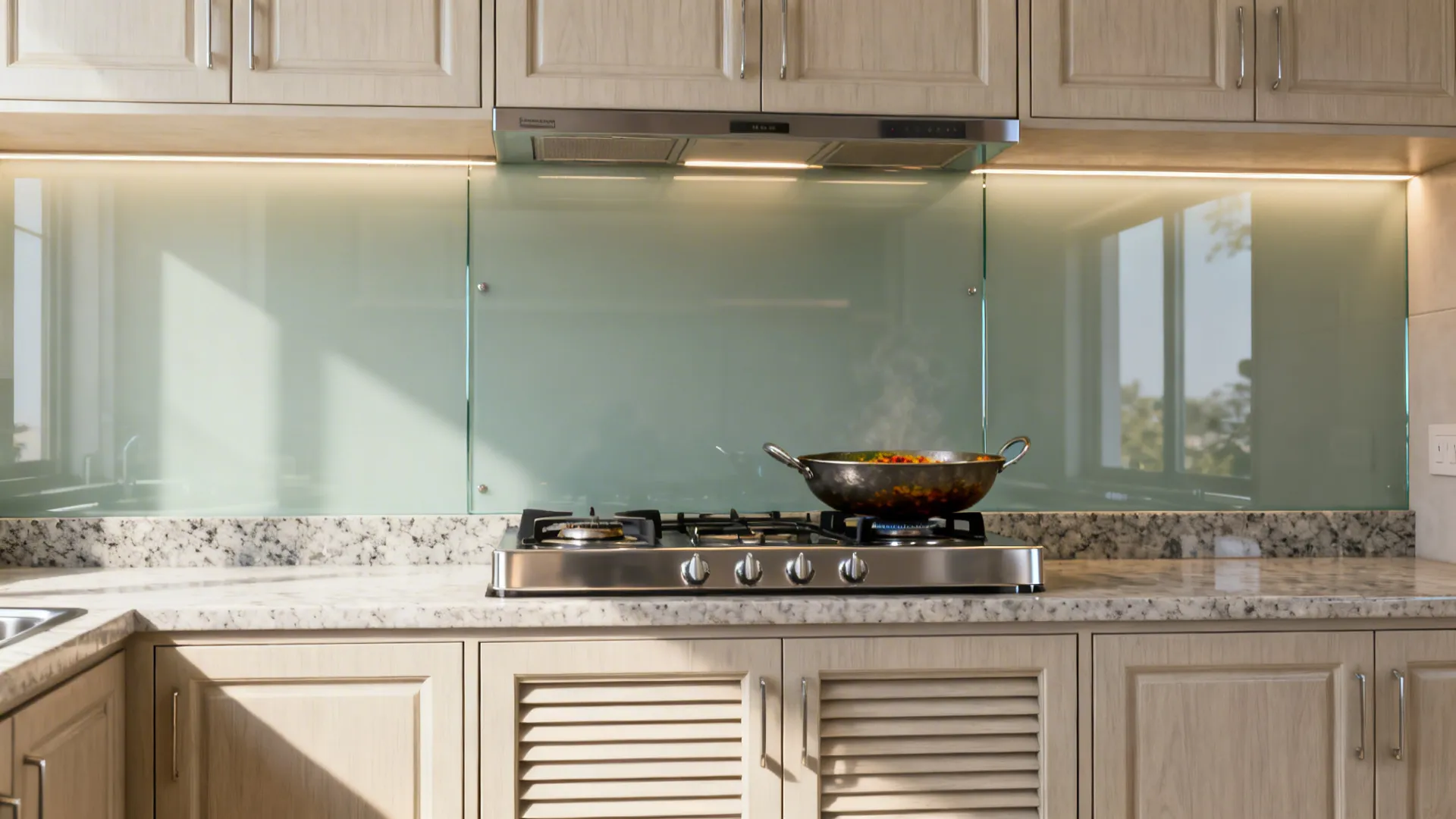 Indian cook zone with matte oil-resistant cabinets, glass backsplash, and quartz ledge.