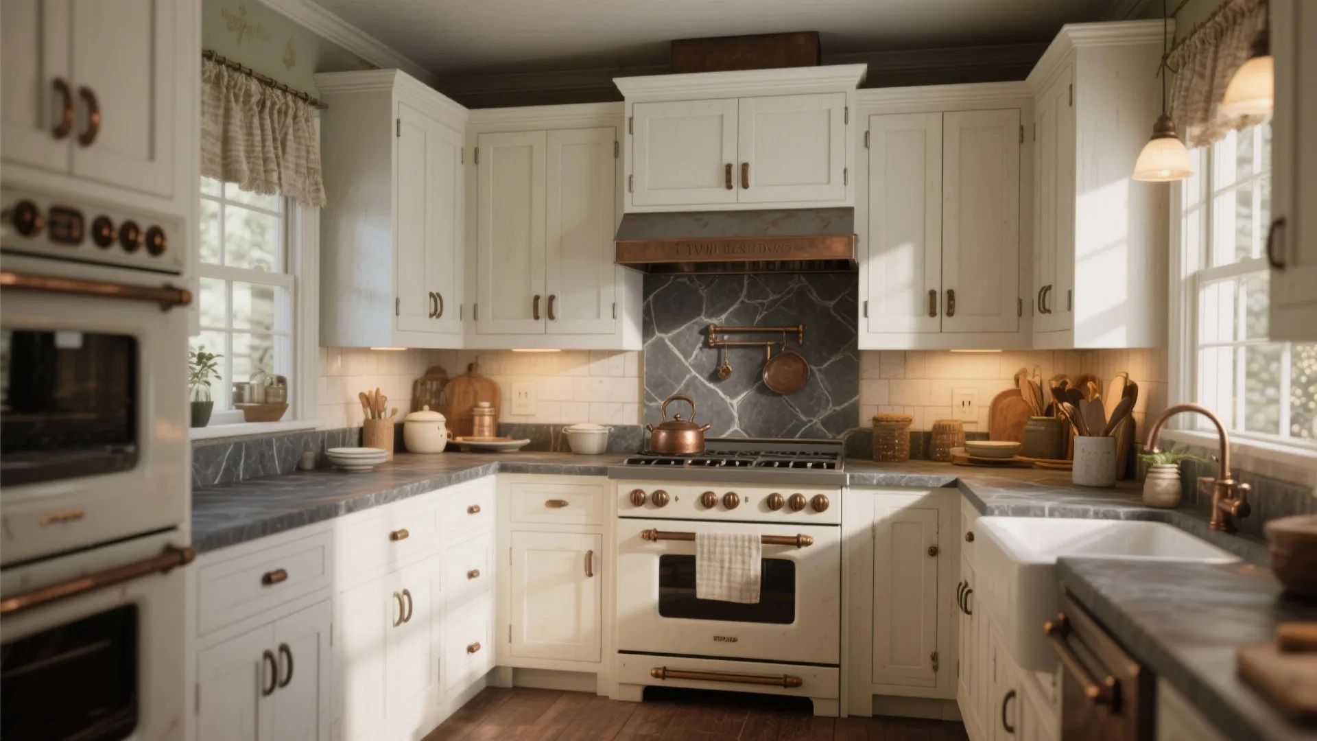 Vintage style kitchen featuring white cabinets dark stone countertops bronze handles and a classic white oven