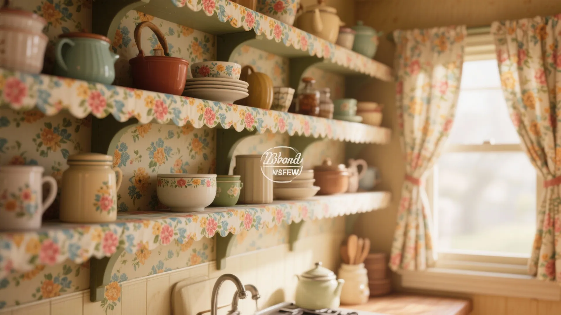 Kitchen shelves with floral pattern liners holding various bowls cups and jars near a window