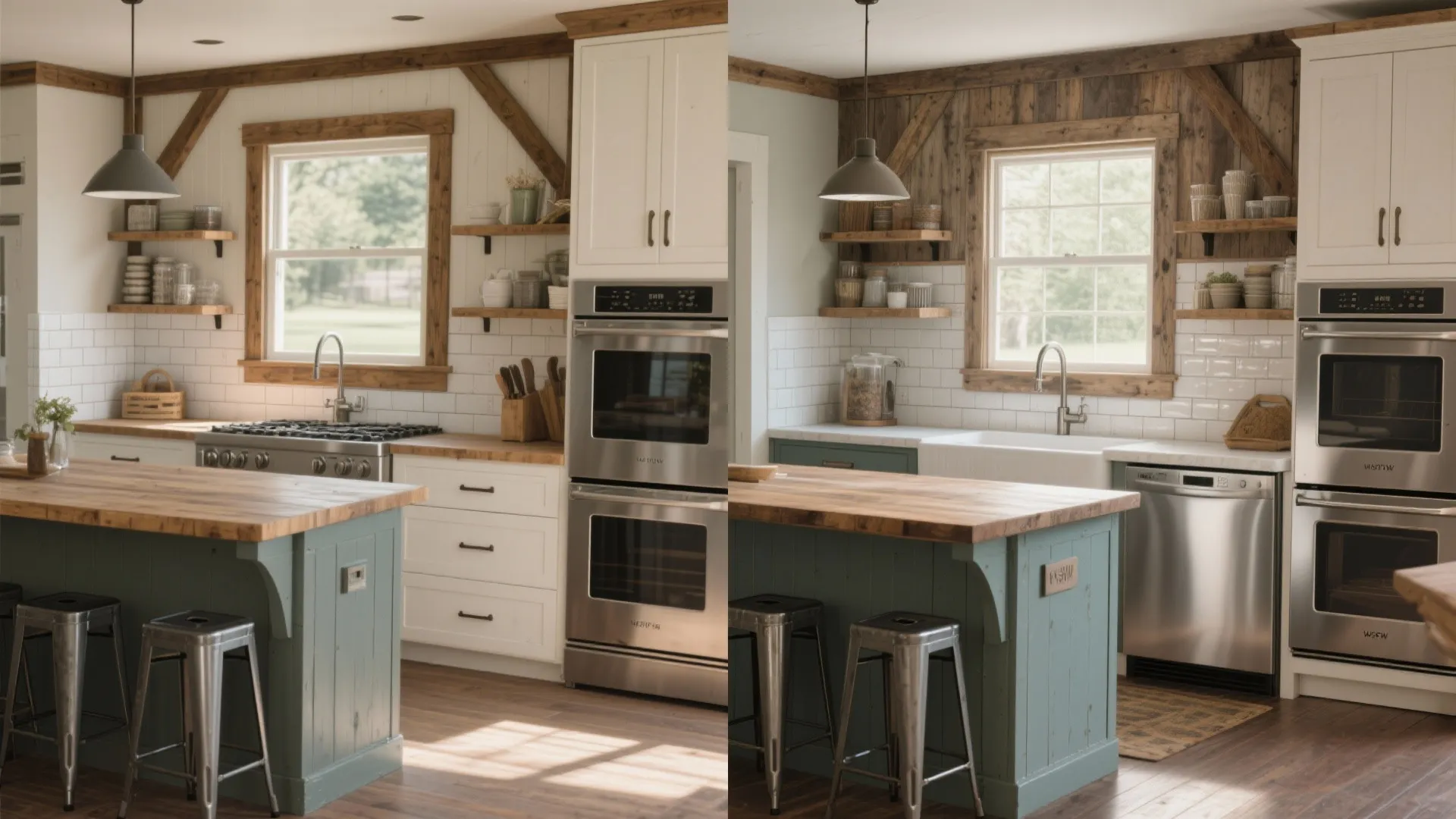 Before and after comparison of kitchen remodel featuring blue island white cabinets and wooden ceiling beams