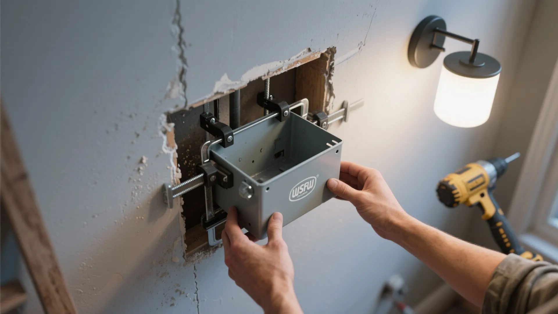 Hands installing a metal electrical box into a drywall hole next to a wall light