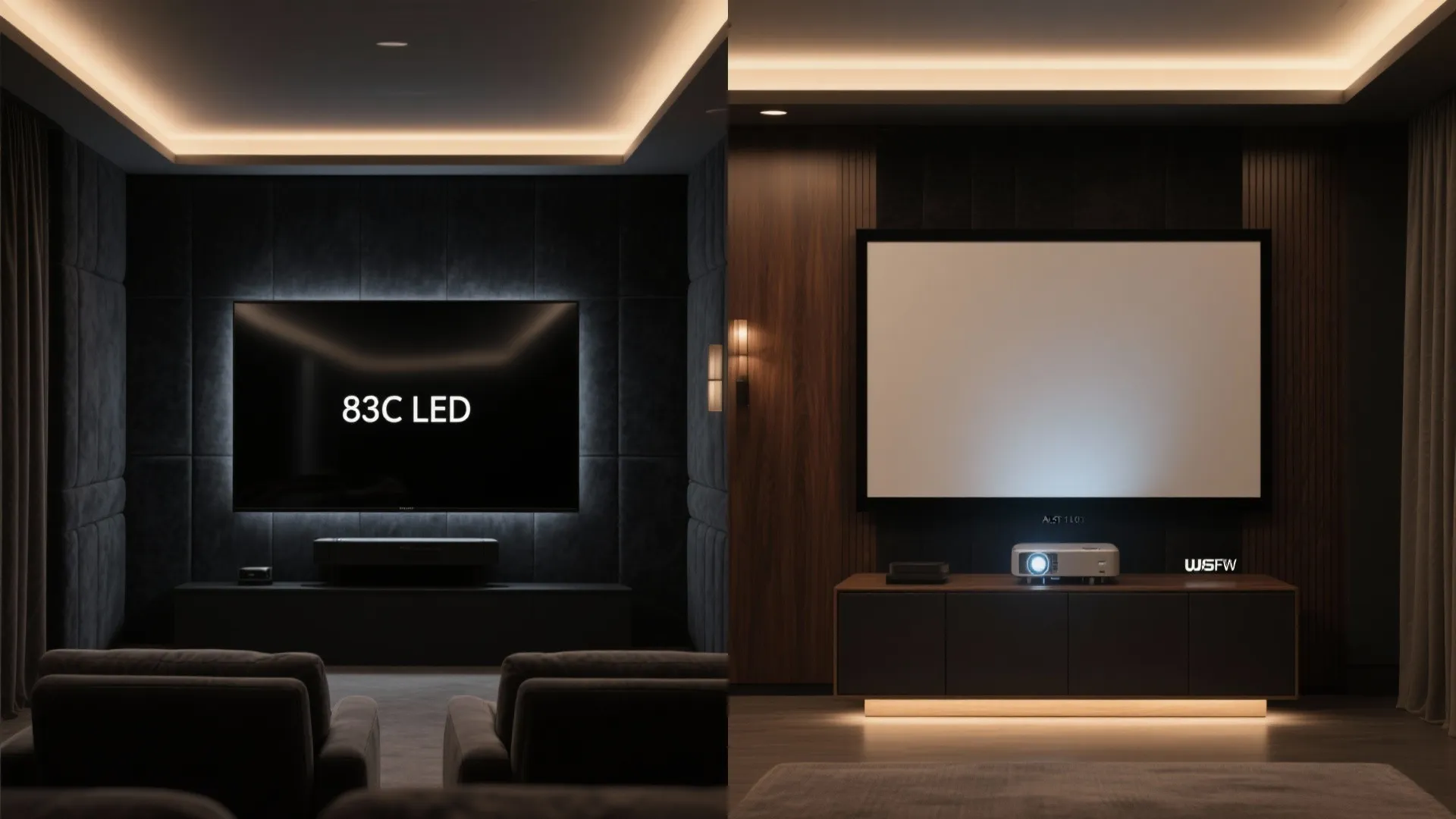 Comparison of a dark media room with television versus a bright room with projector screen
