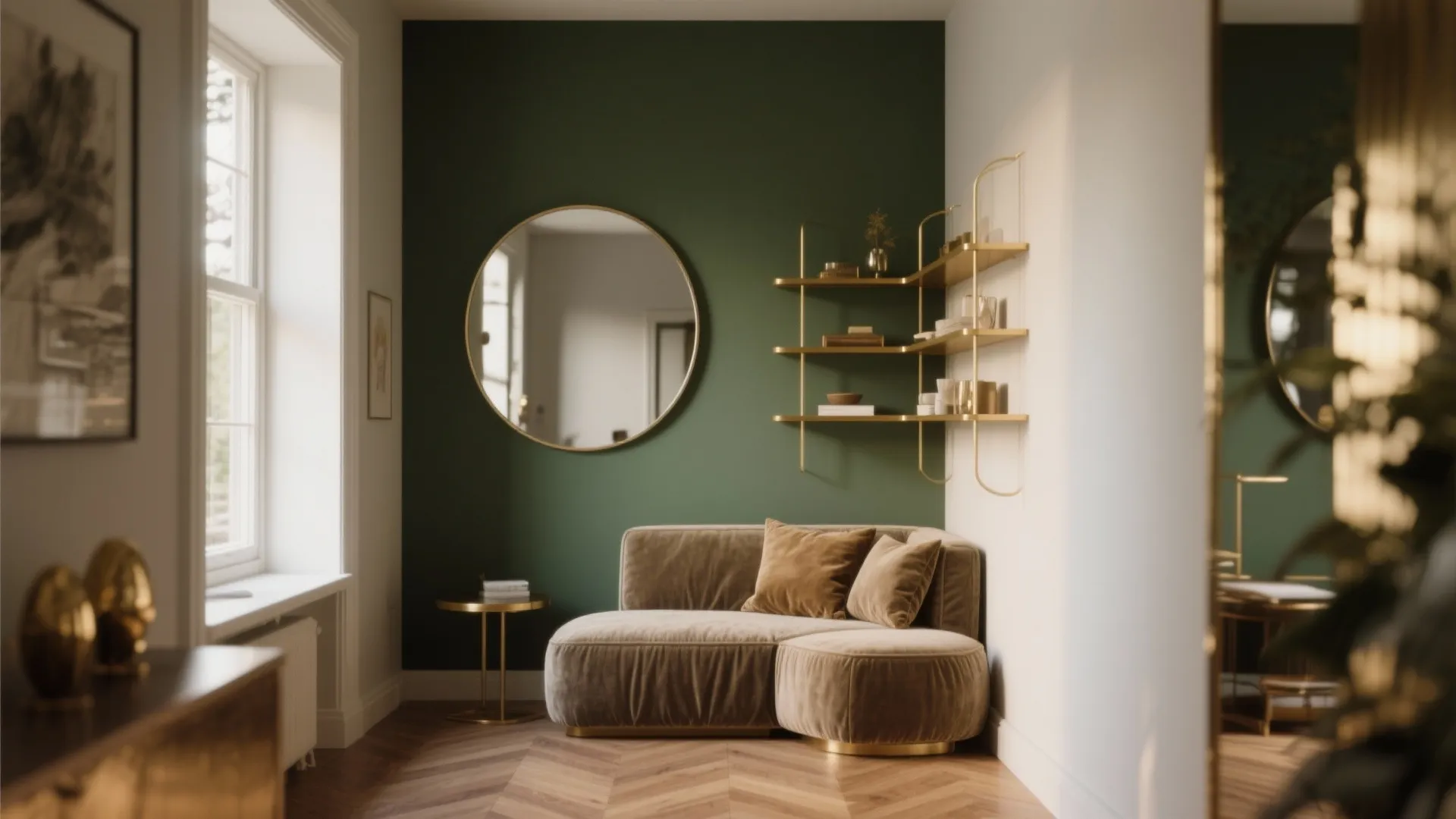 1. Use a deep olive as an accent to widen a cozy room