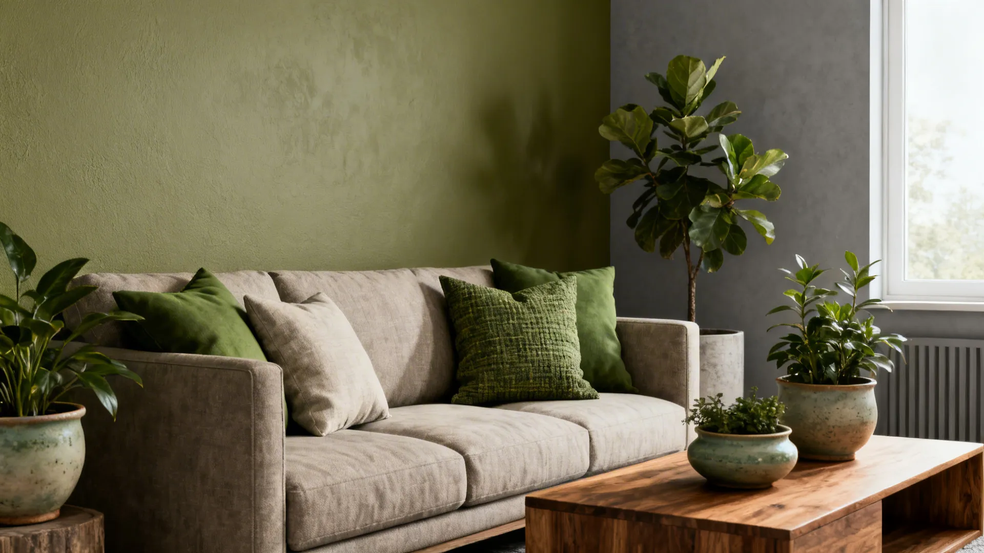 Living room with a muted olive green accent wall, plants and wooden coffee table for a calm vibe.