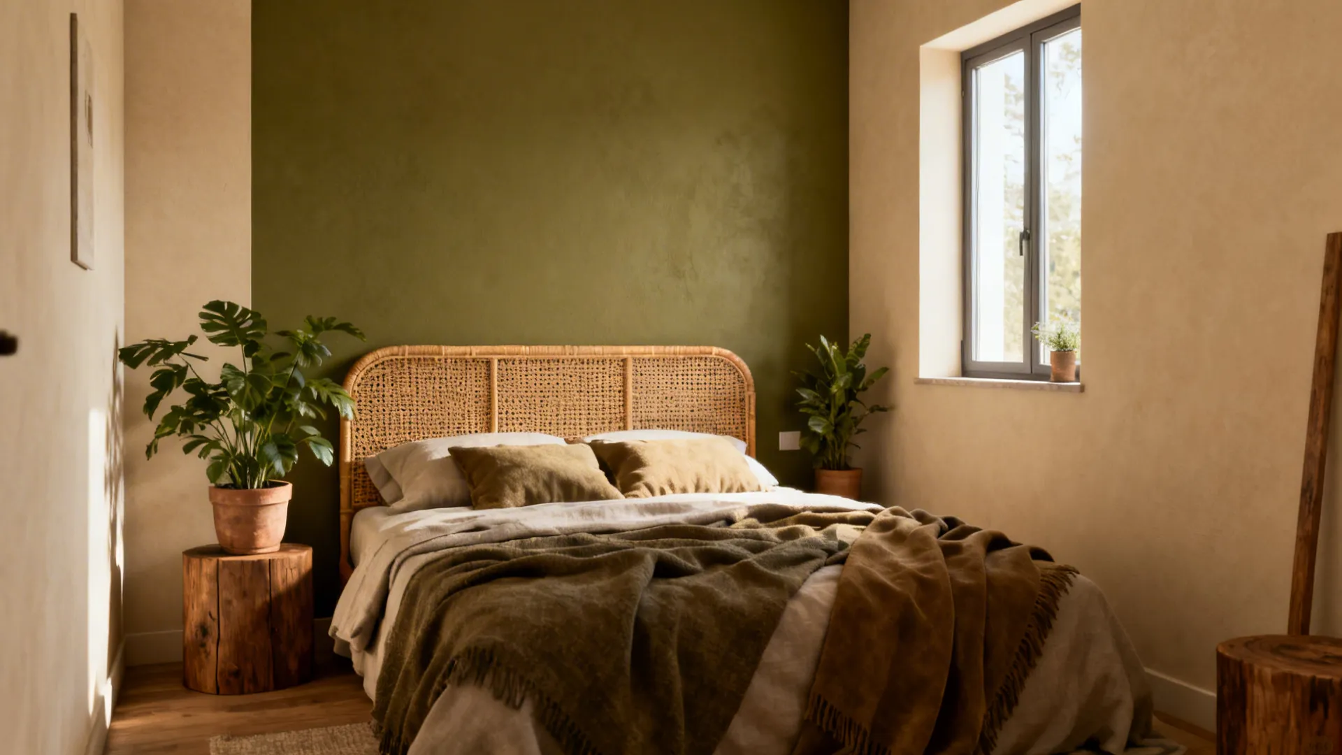 Cozy bedroom with olive green accent wall, rattan headboard, wooden side table, and green potted plants