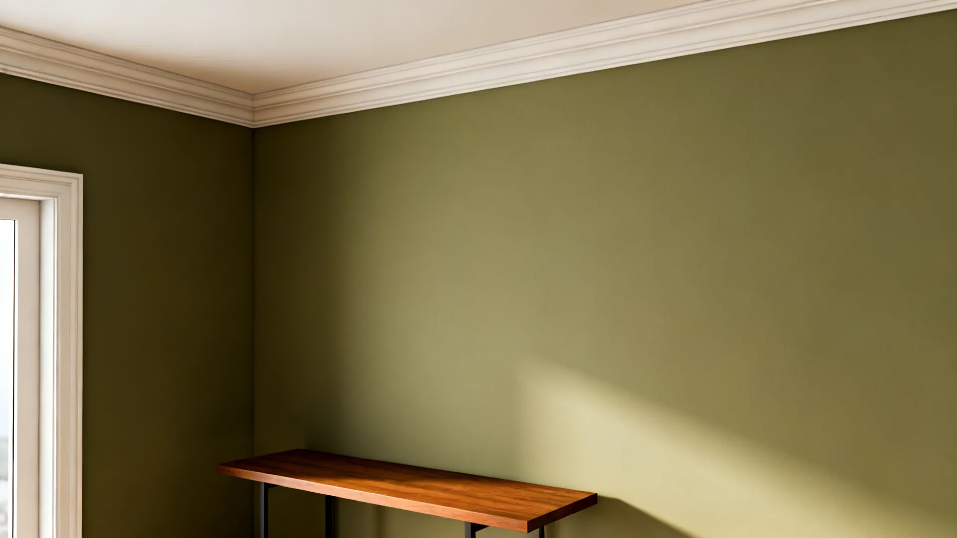 Olive accent wall with crisp cream trim and warm wood console